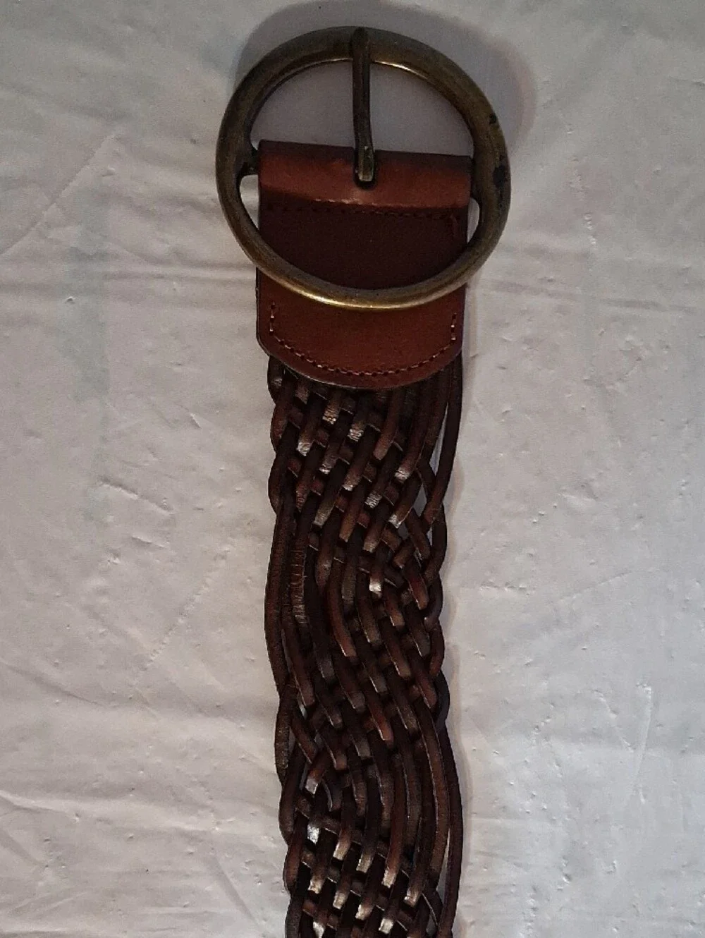 Fossil Woven Brown Leather Belt with Brass Ring Buckle
